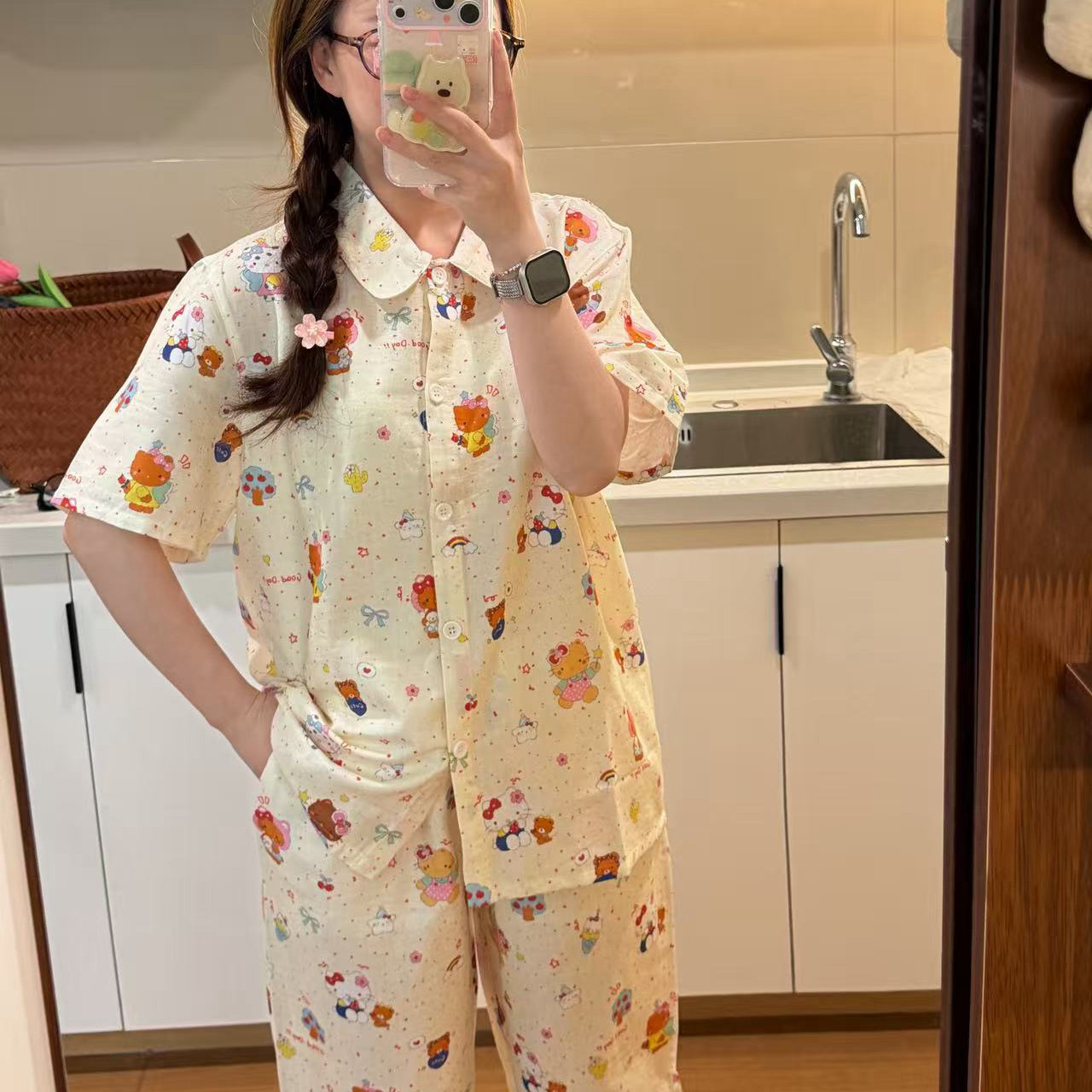 夏季全棉双层纱可爱女睡衣套装