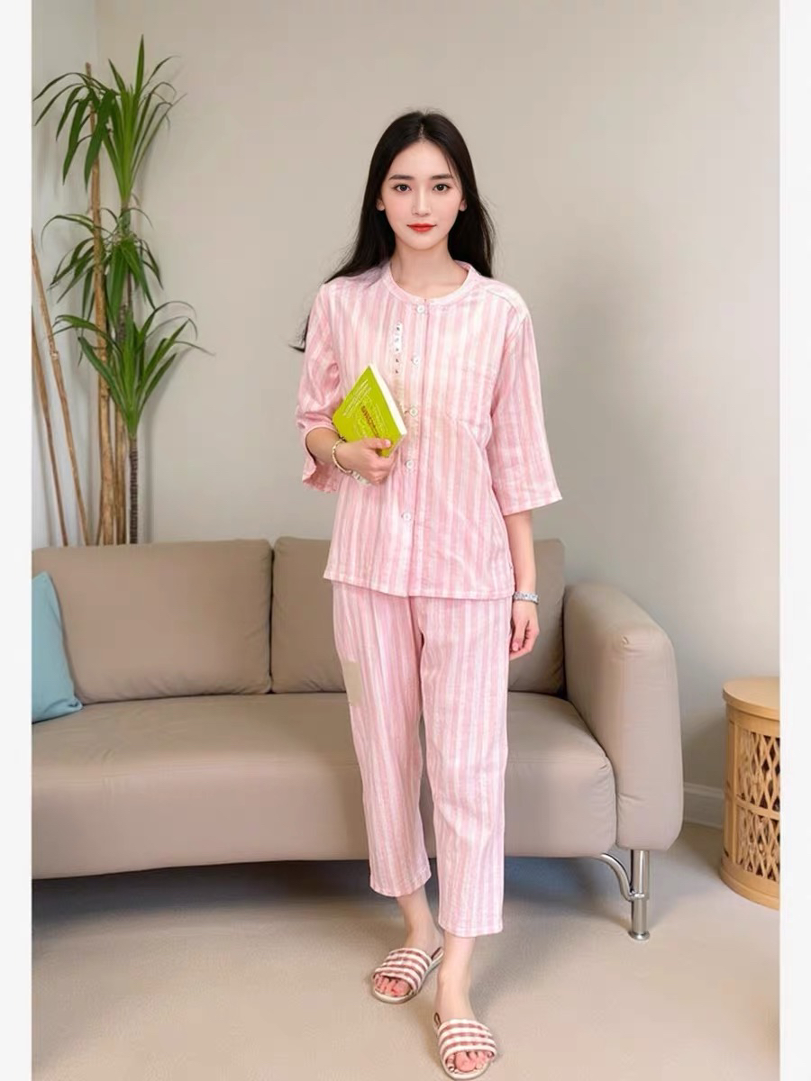 无印风日式纯棉双层纱无侧缝睡衣女长袖长裤家居服套装夏季薄款