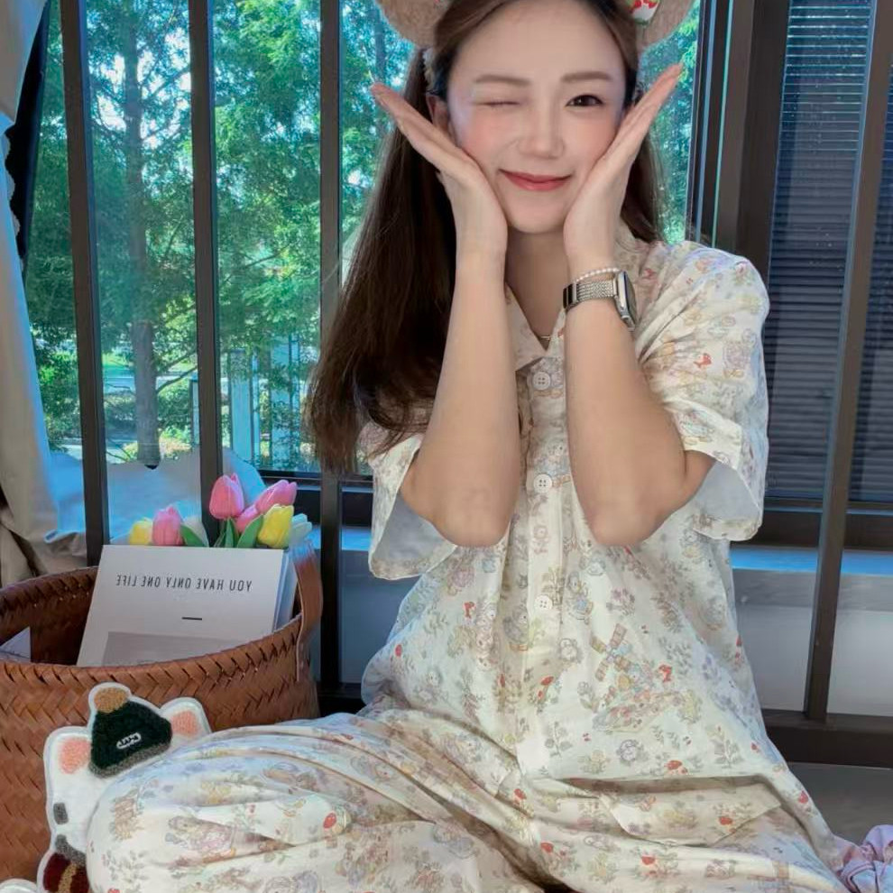 全棉印花双层纱短袖长裤夏季可爱风女款家居服睡衣套装