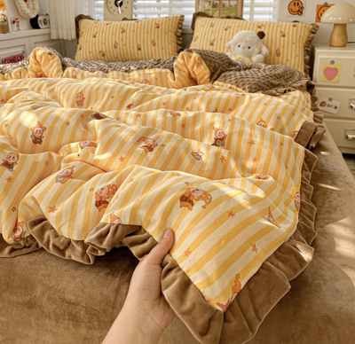 秋冬加厚全棉双层纱加豆豆绒床上四件套学生宿星星人被套