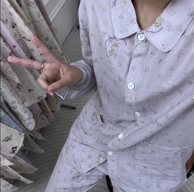 2025新款全棉印花双层纱睡衣女纯棉圆领长袖长裤纯棉春秋家居服