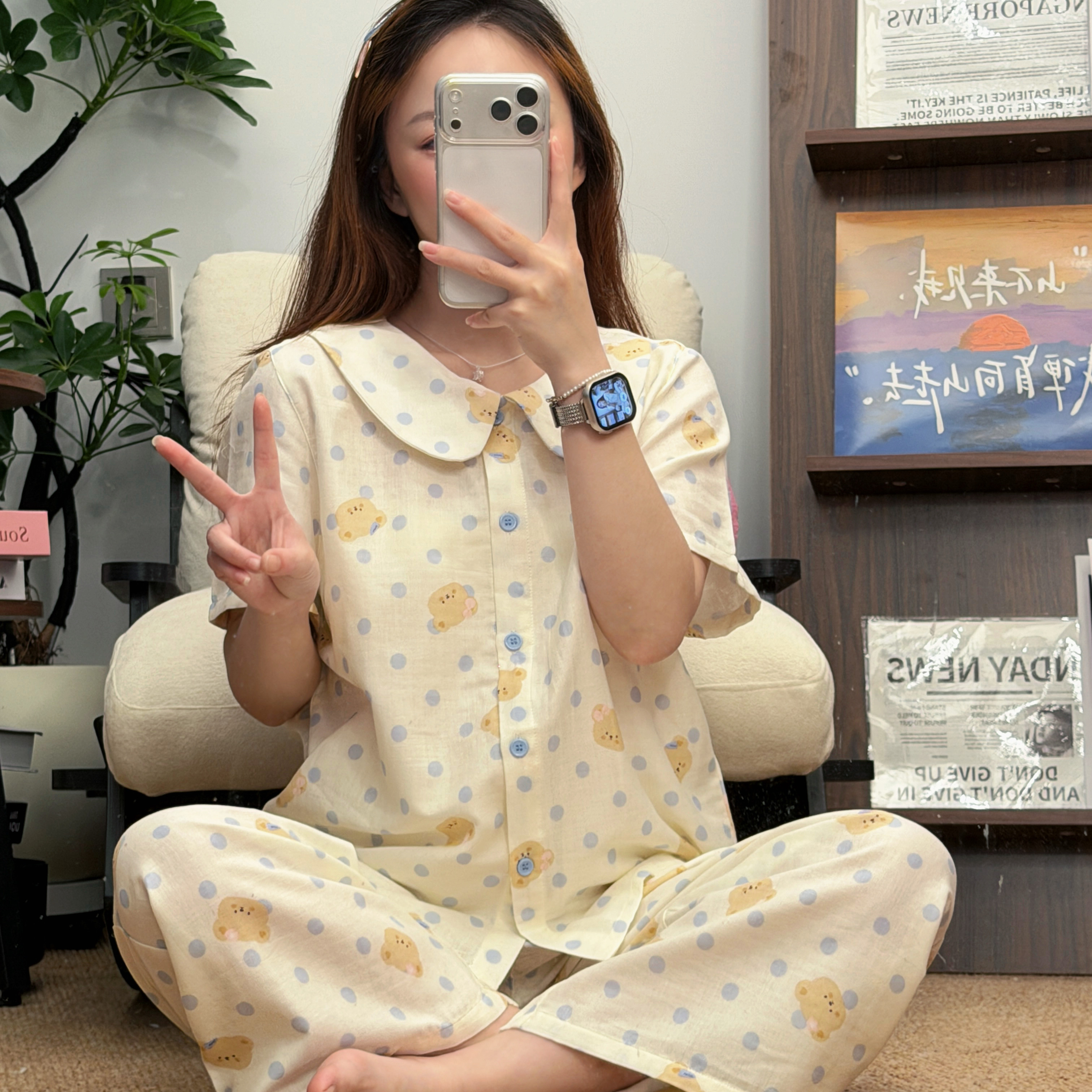 夏季新款全棉印花双层纱短袖八分裤阔腿裤可爱女款家居服睡衣套装