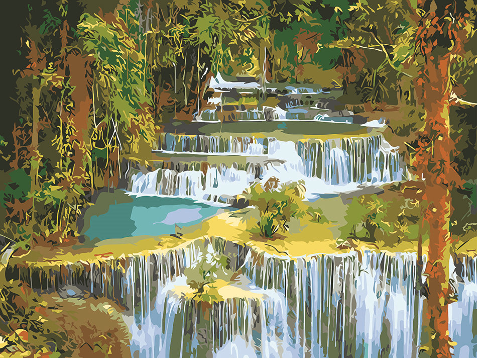 diy数字油画 自然风景 简约手工丙烯颜料填充手绘装饰画 瀑布溪流
