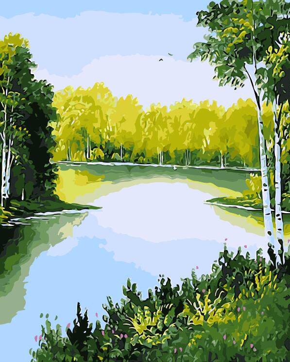 diy数字油画  自然风景淡彩手工减压创意丙烯手绘装饰画 平静湖面