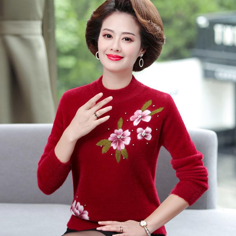 中年妈妈毛衣女宽松加厚加绒半高领老年人秋冬装水貂绒大码打底衫