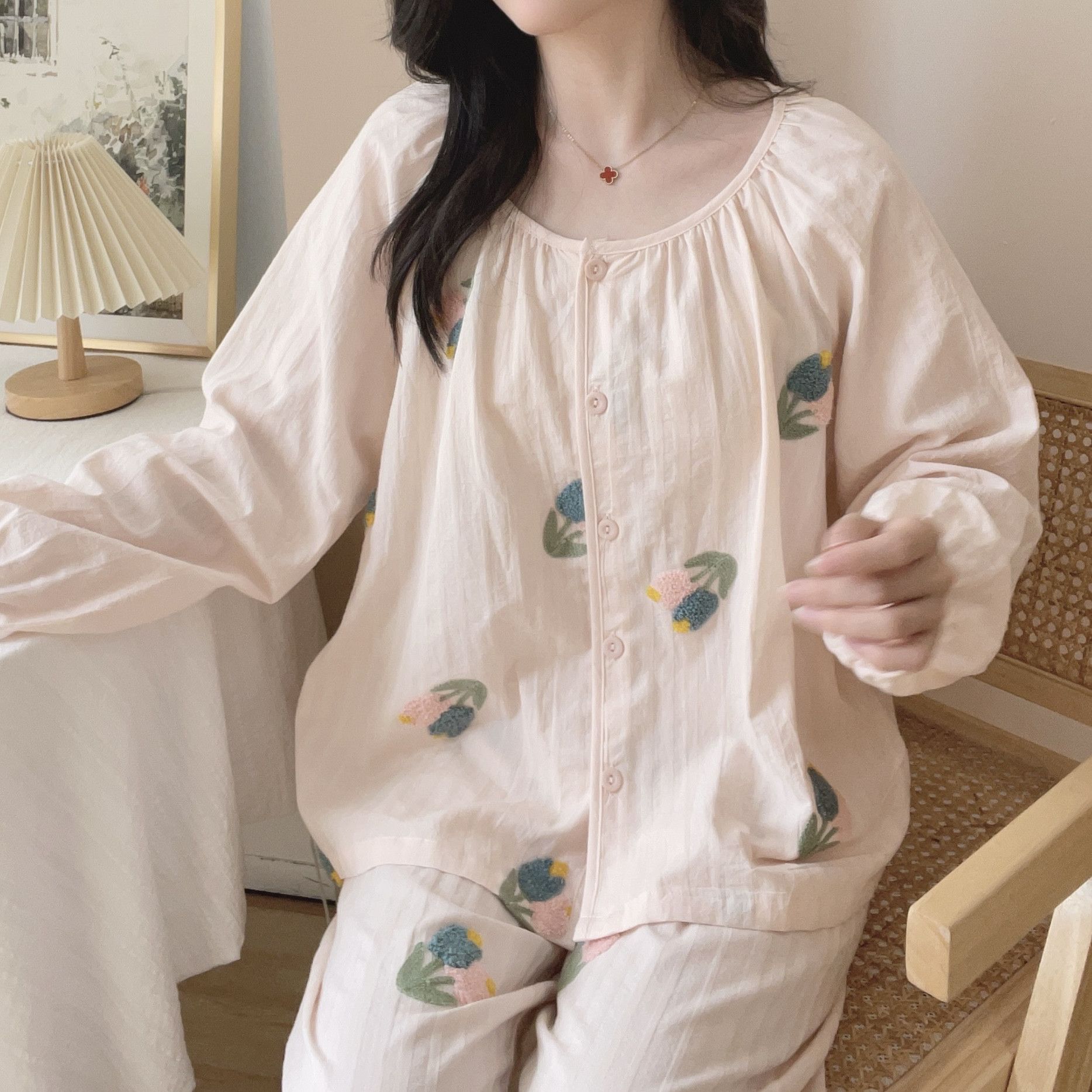 2024秋季新款甜美纯棉睡衣套装女长袖长裤薄款可外穿公主风家居服