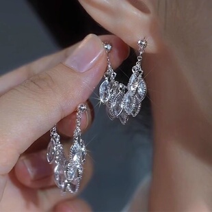 前后戴锆石麦穗链条流苏耳钉小众创意设计感耳环气质轻奢银针耳饰