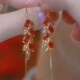 红色水晶叶子防丢耳线女2025新款 镶钻流苏耳环气质显脸瘦喜庆耳饰