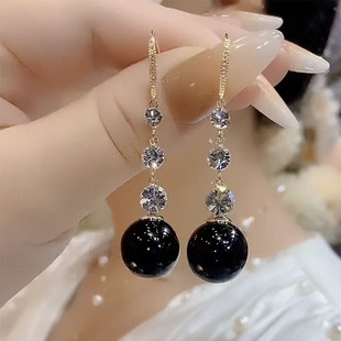 复古长款黑珍珠耳环女2025新款爆款气质银针耳坠精致温柔名媛耳饰