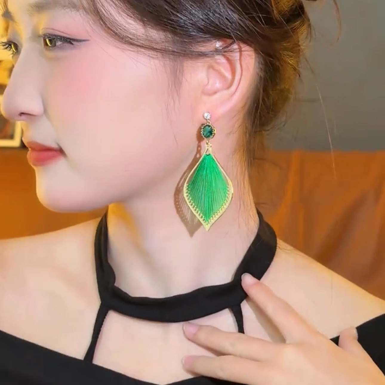 民族风绿色树叶耳环女2026新款爆款高级感耳钉气质夸张耳坠耳饰品