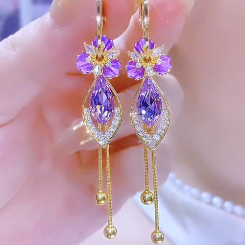 满钻花朵锆石流苏银针耳环