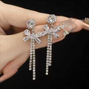 超闪蝴蝶结锆石流苏耳环2026新款爆款高级感耳钉精致百搭银针耳饰