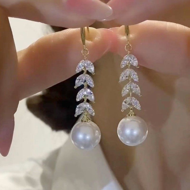 轻奢满钻树叶珍珠耳环女