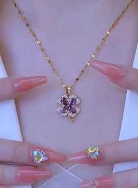 网红时尚紫色锆石五瓣花项链女气质百搭锁骨链通勤优雅不掉色颈链