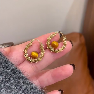 金色碎银子虎眼石圈圈耳环女高级感轻奢耳扣小众独特绝美个性耳圈