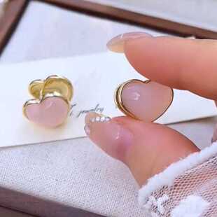甜美粉色猫眼石双面戴爱心耳钉简约可爱小众耳饰2024新款爆款耳环