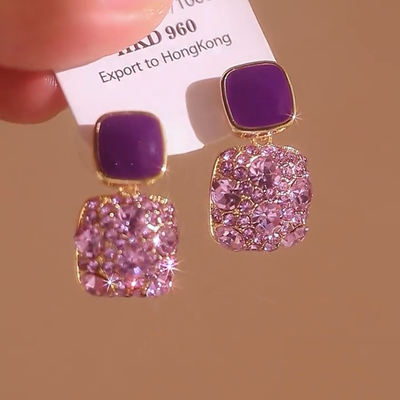 复古紫色方块满钻滴油耳环夏季新款s925银针耳环个性耳钉耳坠耳饰