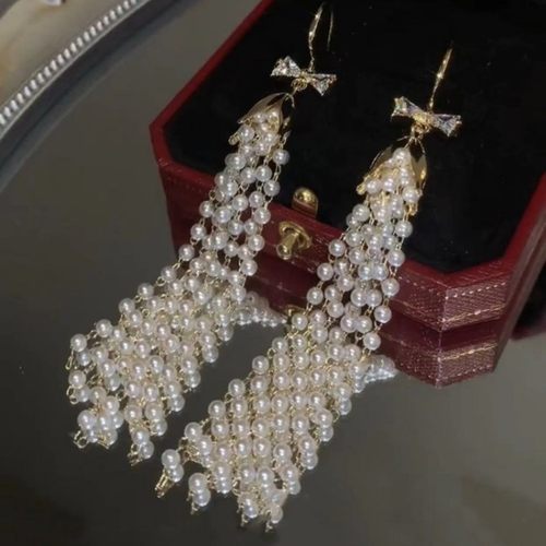 网红唯美蝴蝶结珍珠串流苏耳环