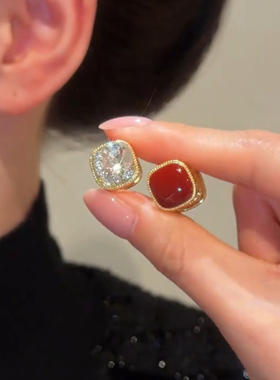 s925银针红色滴釉满钻双面方形耳扣小众设计感时尚气质百搭耳环女