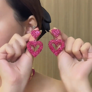 欧美夸张满钻玫红色双层爱心耳环爆款高级感气质耳钉独特漂亮耳饰