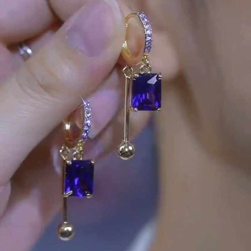 紫色水晶金属球流苏耳环女水钻