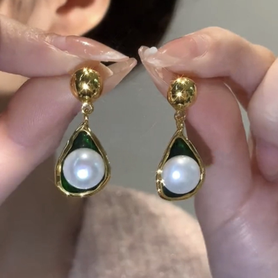 时尚绿色水滴形珍珠耳环女复古