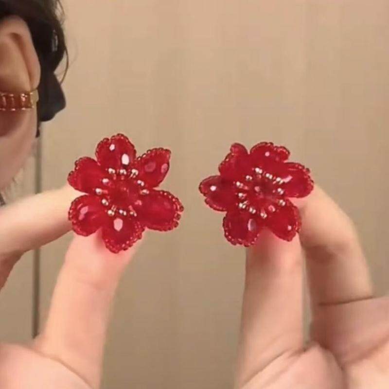 安可拉红色水晶花朵吊坠耳环女