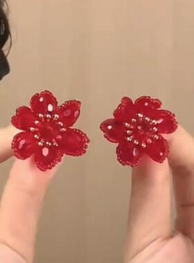 安可拉红色水晶花朵吊坠耳环女