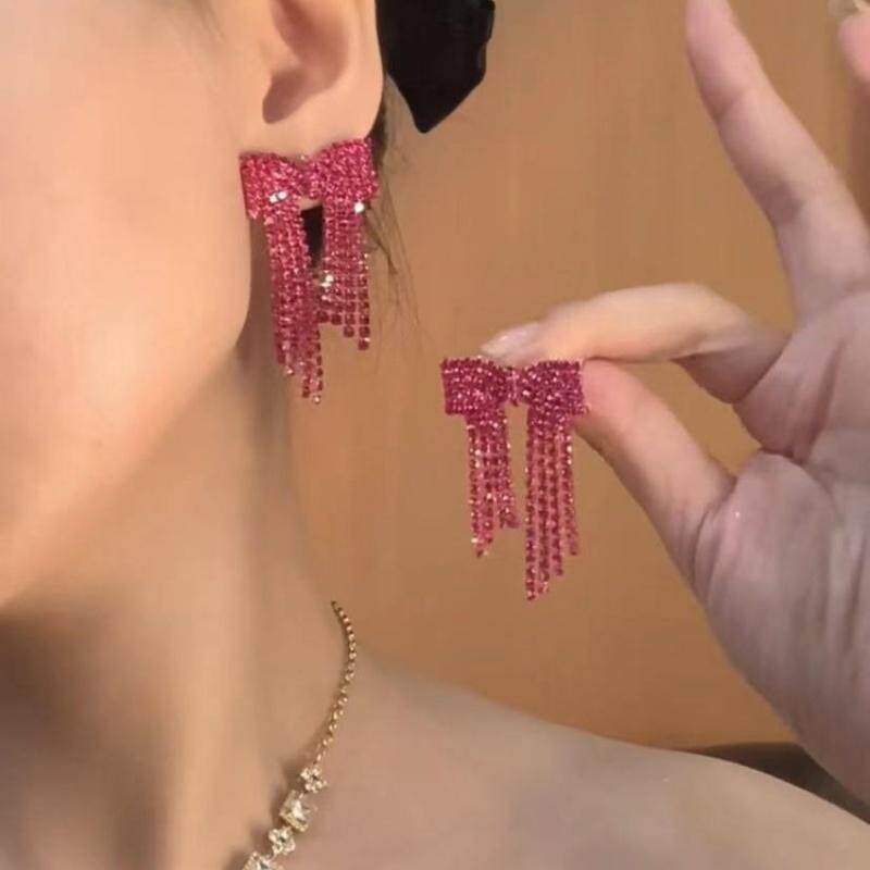 女银针法式玫红色锆石流苏耳坠