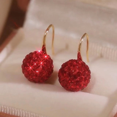 超闪红色满钻球球耳环女