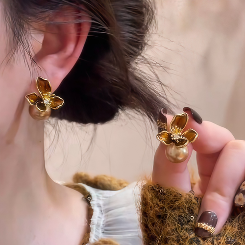 美拉德复古鸢尾花珍珠耳环