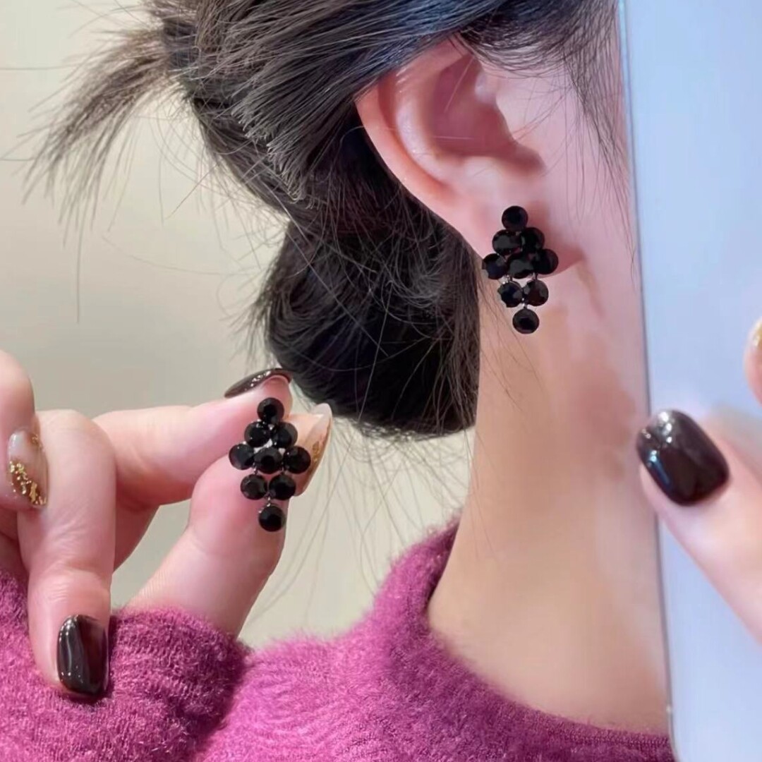 小众时尚轻奢黑色水晶菱形耳环女