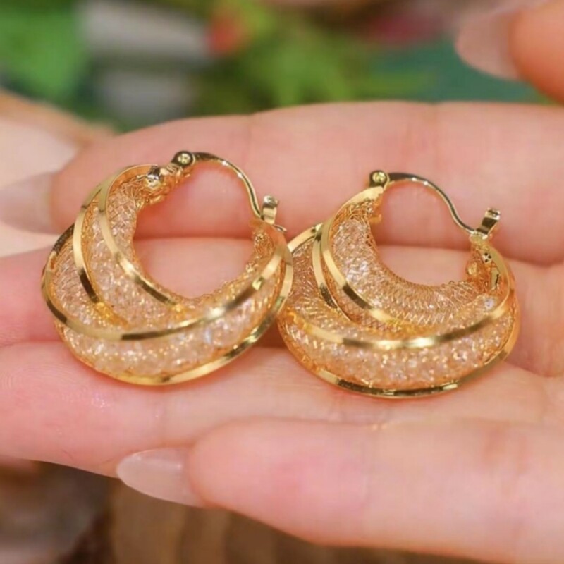 港风奢华金丝网状水晶锆石耳圈高贵交叉环环相扣耳环贵气圈圈耳扣