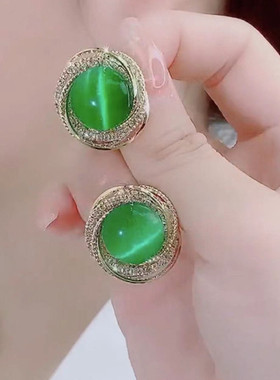 银针轻奢圆形猫眼石耳钉独特耳环