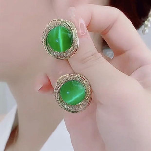 纯银针轻奢圆形猫眼石耳钉2026新款爆款小众设计感简约独特耳环女