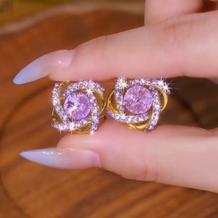 奢华满钻紫水晶耳钉轻奢高级感百搭紫罗兰耳环女S925银针时尚 耳饰