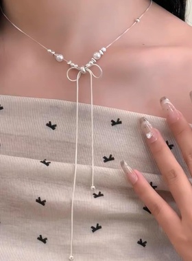 蝴蝶结珍珠飘带可调节抽拉项链