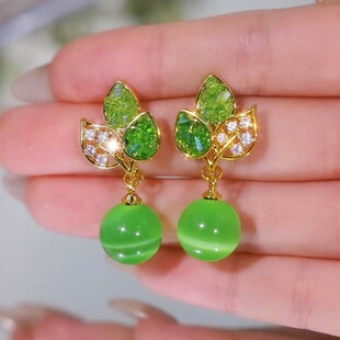 新中式绿色猫眼石满钻树叶耳环女2025新款爆款显肤白减龄精致耳钉