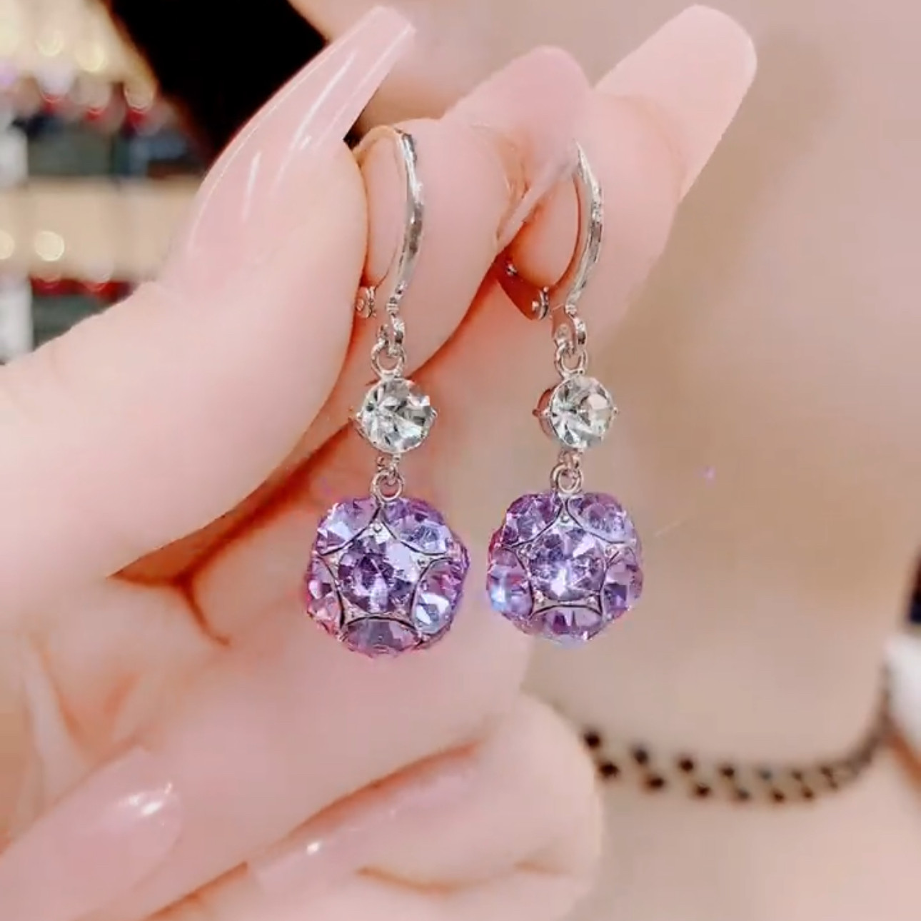 韩版气质紫色圆球满锆石银针耳扣耳环淑风感轻奢风精致耳饰品女士