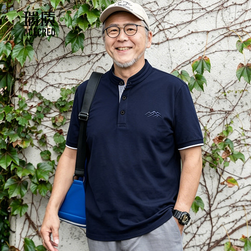 夏装液氨立领短袖t纯棉中年