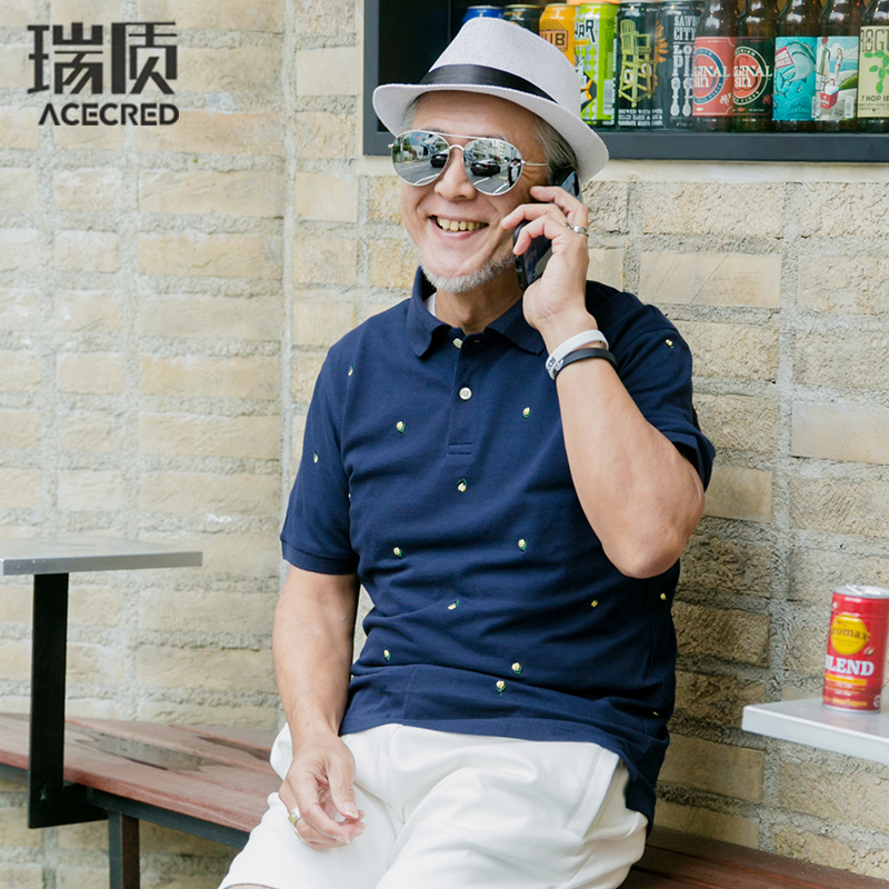 瑞质新款中年爸爸夏装短袖T恤 中老年人绣花男装纯棉潮夏季POLO衫