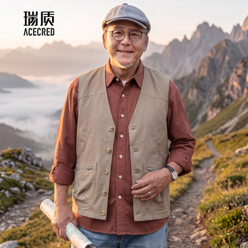 爸爸马甲男中老年宽松纯棉多口袋