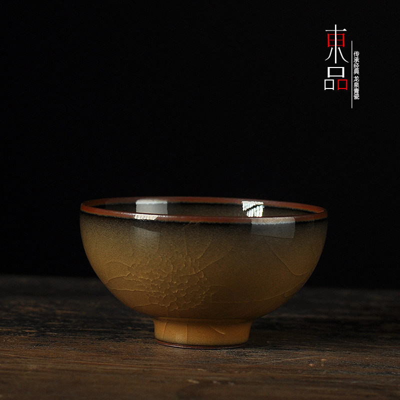 黄长伟手工青瓷哥窑茶杯陶瓷普洱茶盏功夫茶具单杯枯叶黄釉品茗杯