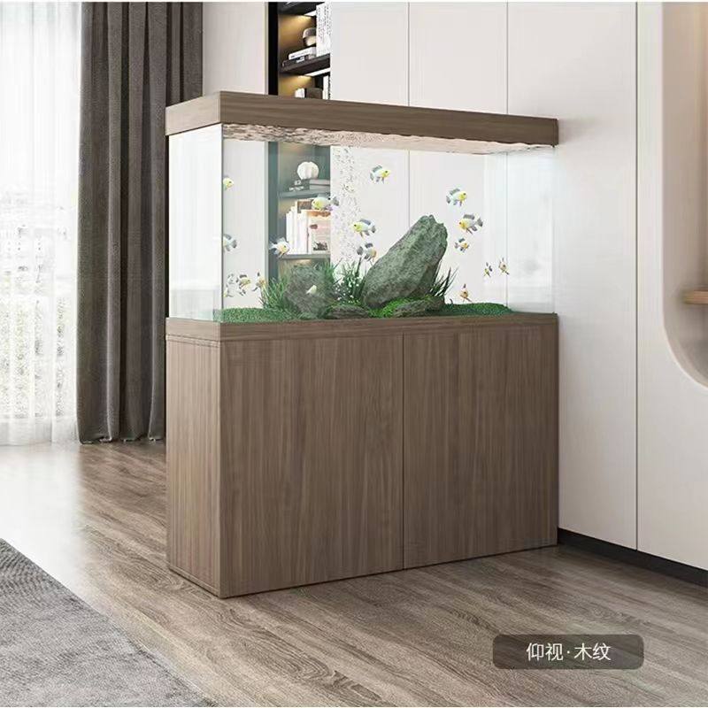 木质方形鱼缸水族箱胡桃木色客厅屏风隔断靠墙金鱼缸干湿分离落地