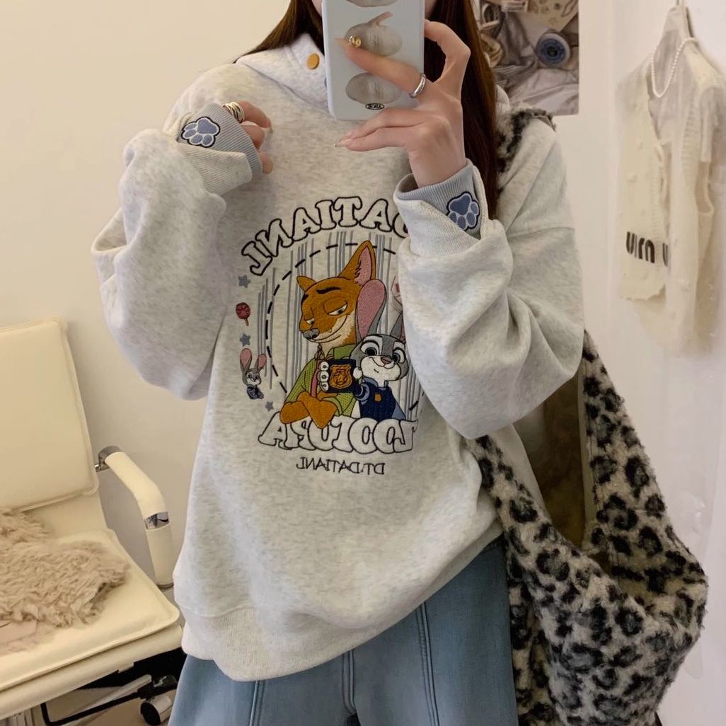 疯狂动物刺绣假两件连帽卫衣男女