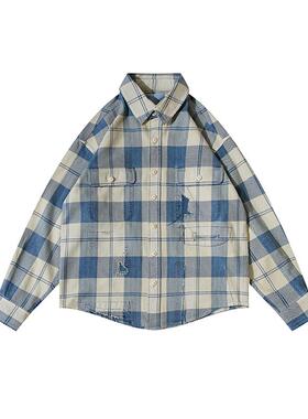 Resalibert Indigo靛蓝 日产水洗破坏泥浸染色蓝白格纹长袖衬衫