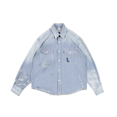 Resalibert 日产10oz靛蓝染色水洗做旧破坏条纹长袖衬衫宽松百搭
