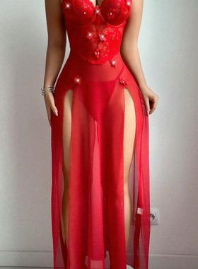 DZ47红色纯欲性感火辣花朵装饰两件套开衩钢托聚拢透视网纱睡裙女