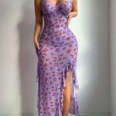 117C紫色美女透视睡裙睡衣高级感女人味紧身弹力款 式 碎花裙吊带