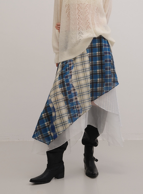 UNRESTRAIN「UNR」错位派对 新款多层次格纹拼接A字半身裙女